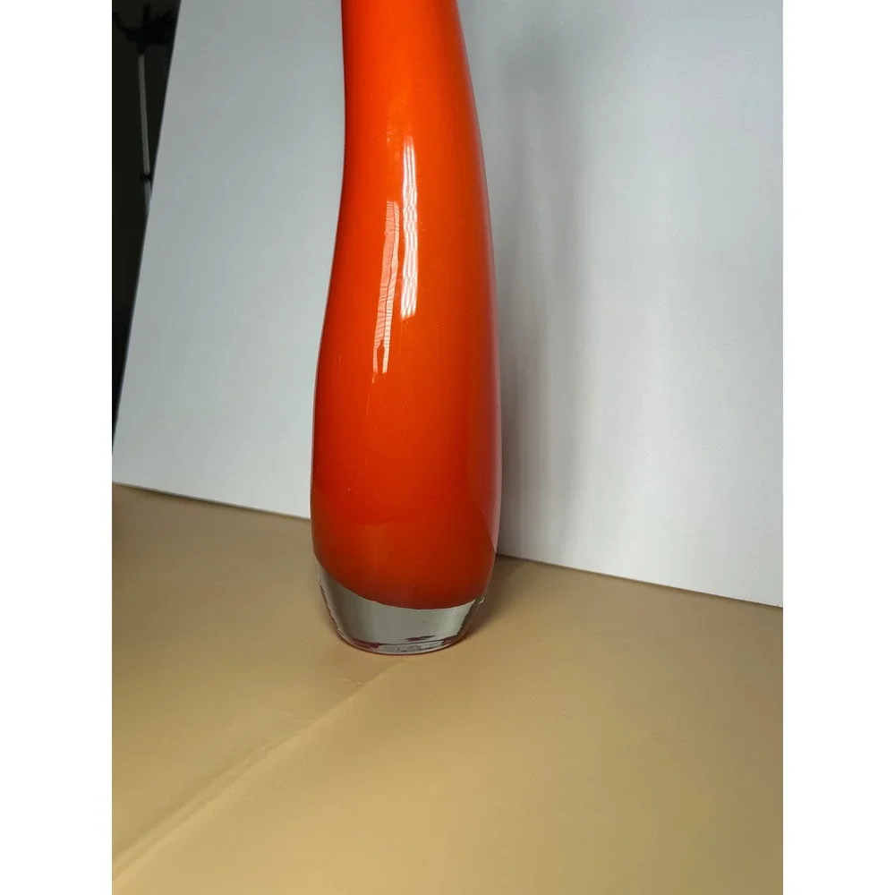 Vintage Orange Art Glass Bud Vase Tall Curved Mid Century Modern Style 12 Inch